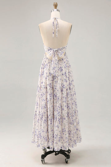 Blue Flower A-Line Halter Chiffon Midi Dress with Lace Up Back